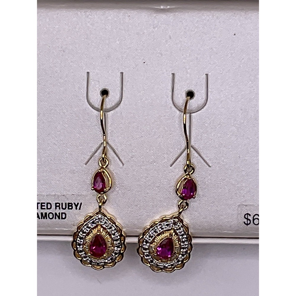 Diamond Accent Created Ruby 18kt Gold Over Brass Dangle Earrings - Picture 2 of 6